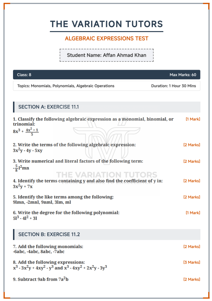 Personalized TVT worksheet demo